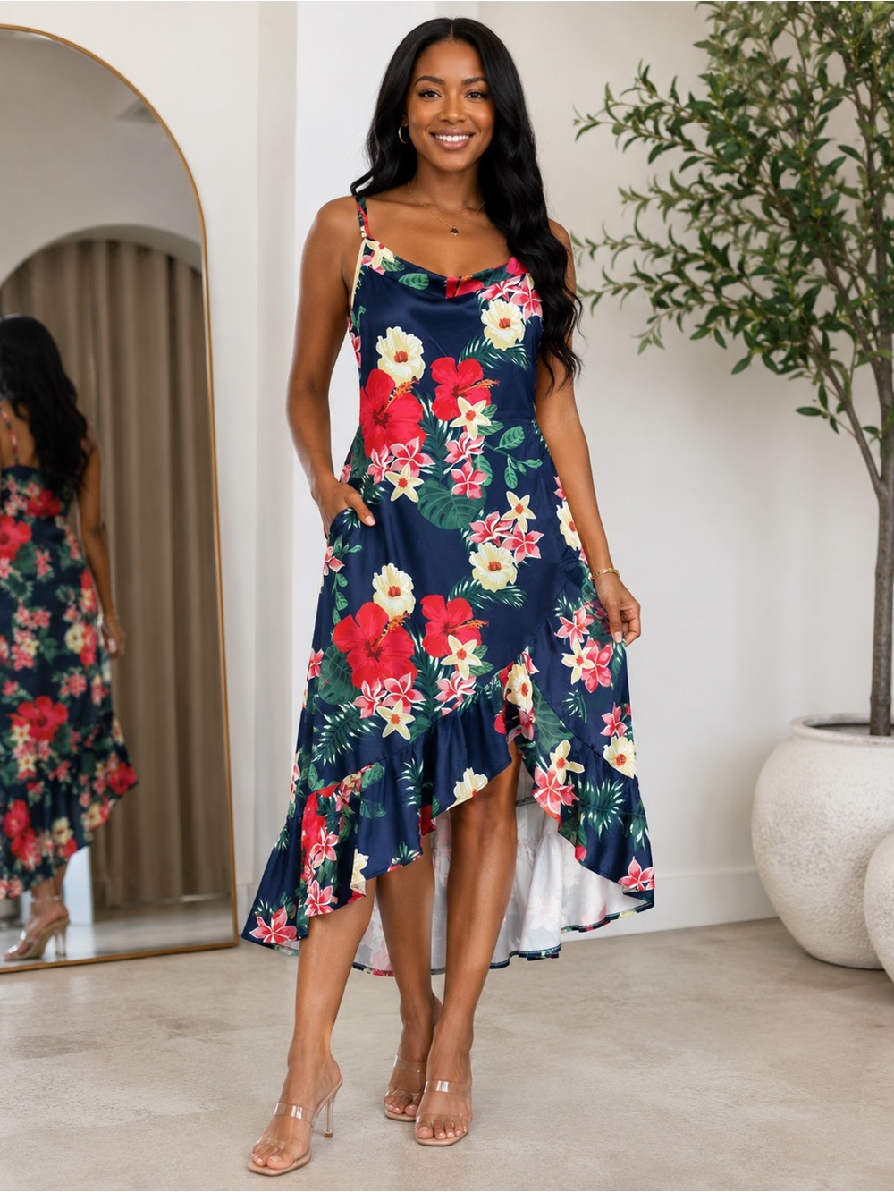 Floral Navy High-Low Slip Dress